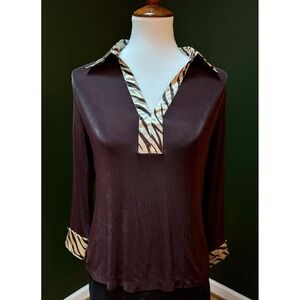 Vintage Kiara Brown Zebra Print Collar Long Sleeve Blouse Women's
